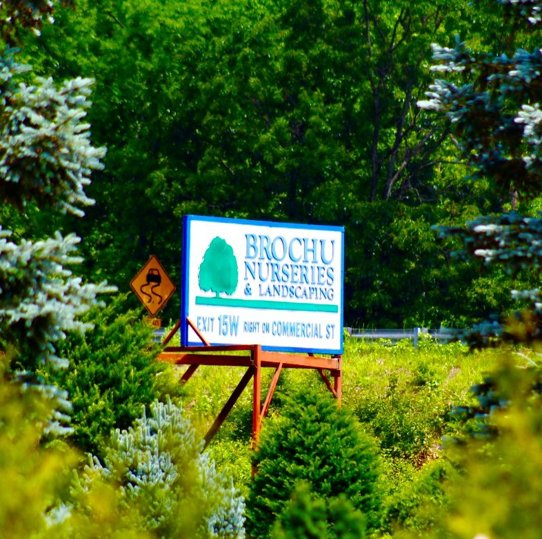 Brochu Nurseries sign surrounded by trees and plants